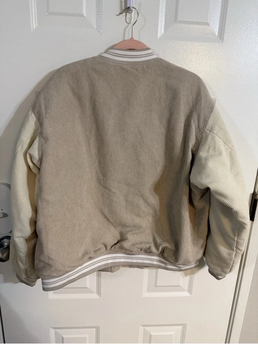 Corduroy Varsity Jacket in Beige & Cream with NYC Patch